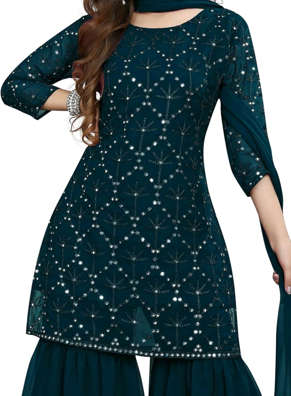 Women's Georgette Sequence Party Festival Wear Full Sleeve Latest Stitched Kurta Sharara and Duppata Set - Blue Dianne, 4XL