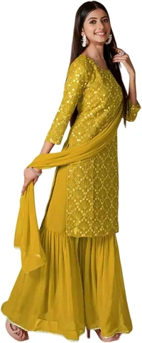 Women's Georgette Sequence Party Festival Wear Full Sleeve Latest Stitched Kurta Sharara and Duppata Set - Pizza, M