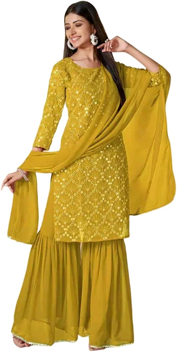 Women's Georgette Sequence Party Festival Wear Full Sleeve Latest Stitched Kurta Sharara and Duppata Set - Pizza, XXL