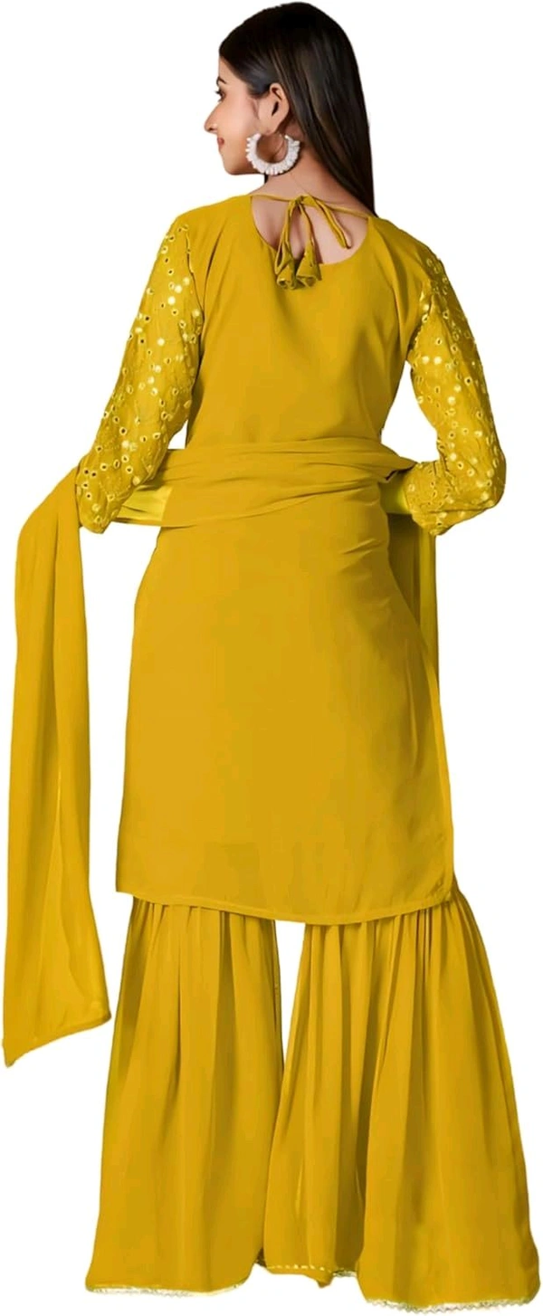 Women's Georgette Sequence Party Festival Wear Full Sleeve Latest Stitched Kurta Sharara and Duppata Set - Pizza, XXL