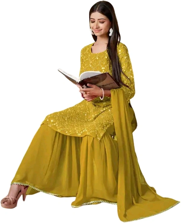 Women's Georgette Sequence Party Festival Wear Full Sleeve Latest Stitched Kurta Sharara and Duppata Set - Pizza, XXL