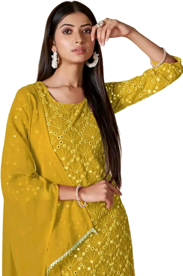Women's Georgette Sequence Party Festival Wear Full Sleeve Latest Stitched Kurta Sharara and Duppata Set - Pizza, XXL