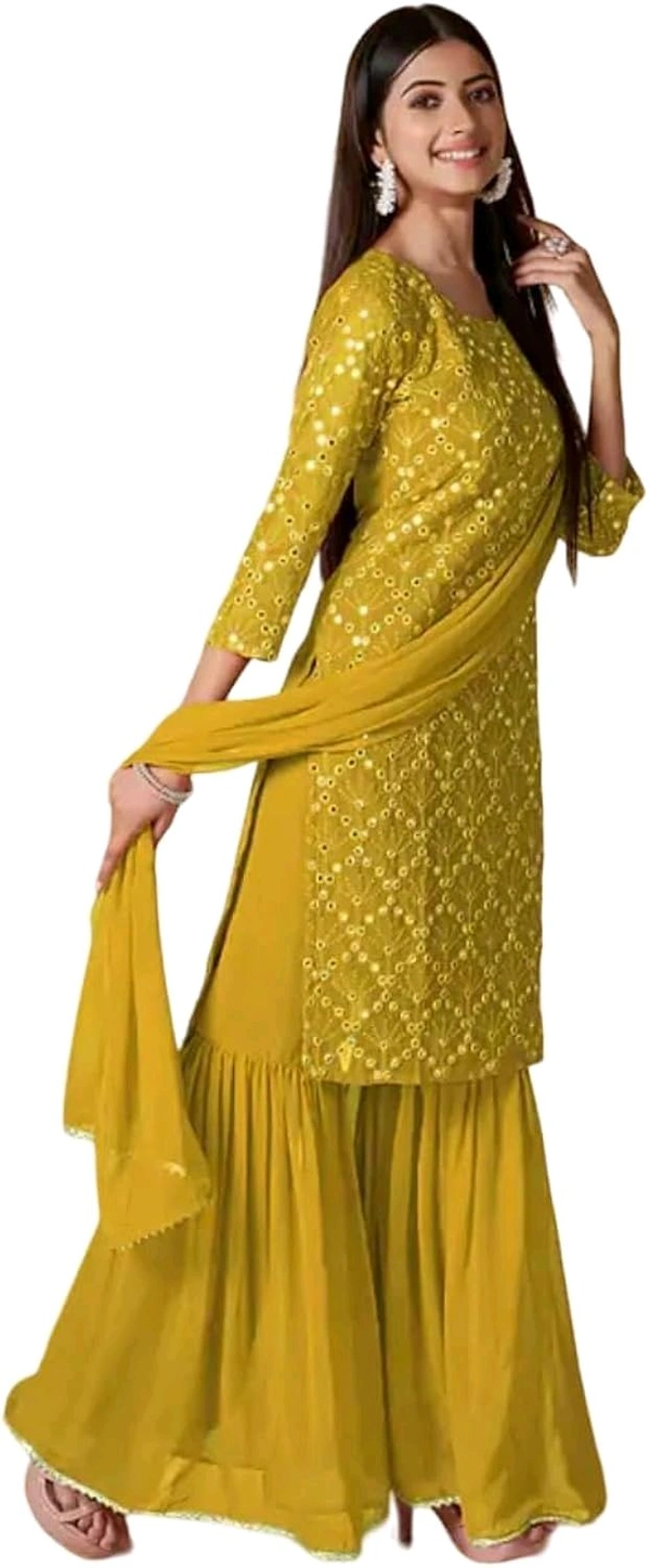 Women's Georgette Sequence Party Festival Wear Full Sleeve Latest Stitched Kurta Sharara and Duppata Set - Pizza, XXL
