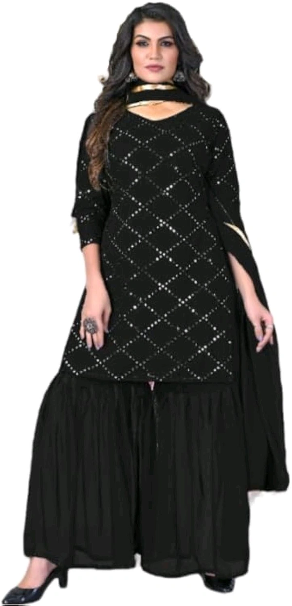 Women's Georgette Sequence Party Festival Wear Full Sleeve Latest Stitched Kurta Sharara and Duppata Set - Black, M