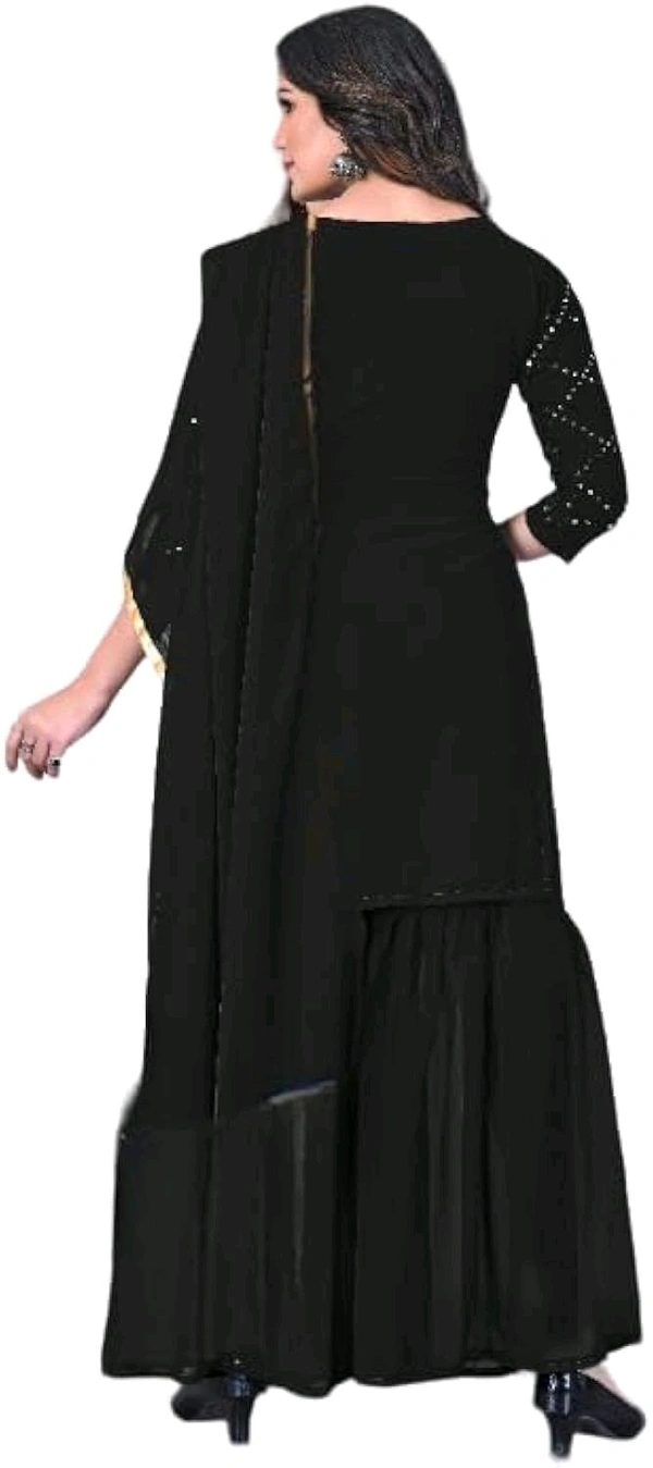 Women's Georgette Sequence Party Festival Wear Full Sleeve Latest Stitched Kurta Sharara and Duppata Set - Black, M