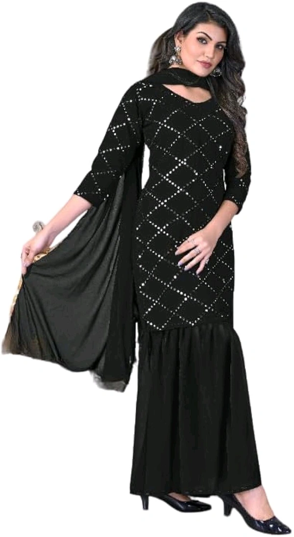Women's Georgette Sequence Party Festival Wear Full Sleeve Latest Stitched Kurta Sharara and Duppata Set - Black, S