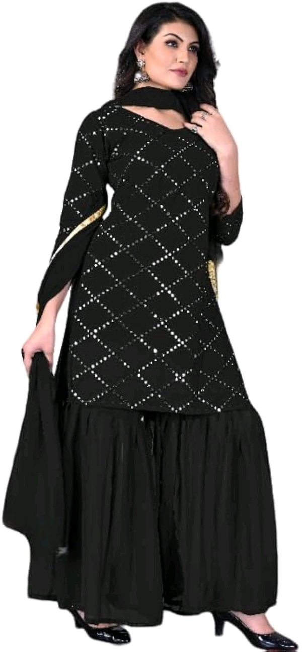Women's Georgette Sequence Party Festival Wear Full Sleeve Latest Stitched Kurta Sharara and Duppata Set - Black, S
