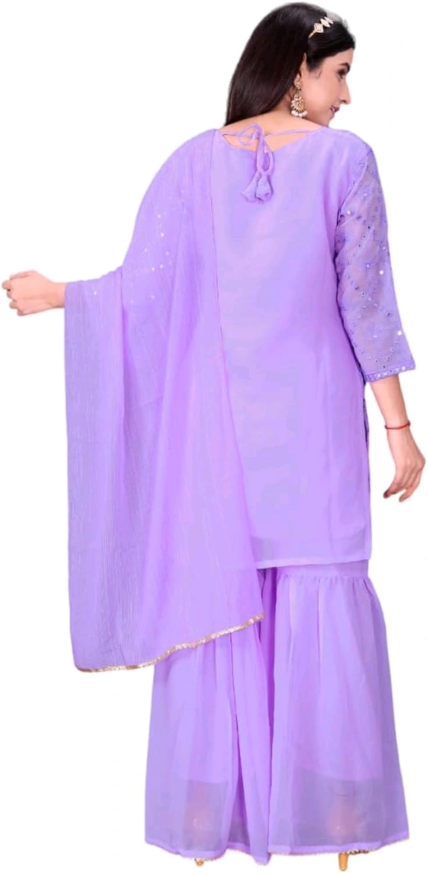 Women's Georgette Sequence Party Festival Wear Full Sleeve Latest Stitched Kurta Sharara and Duppata Set - LAVANDER, M