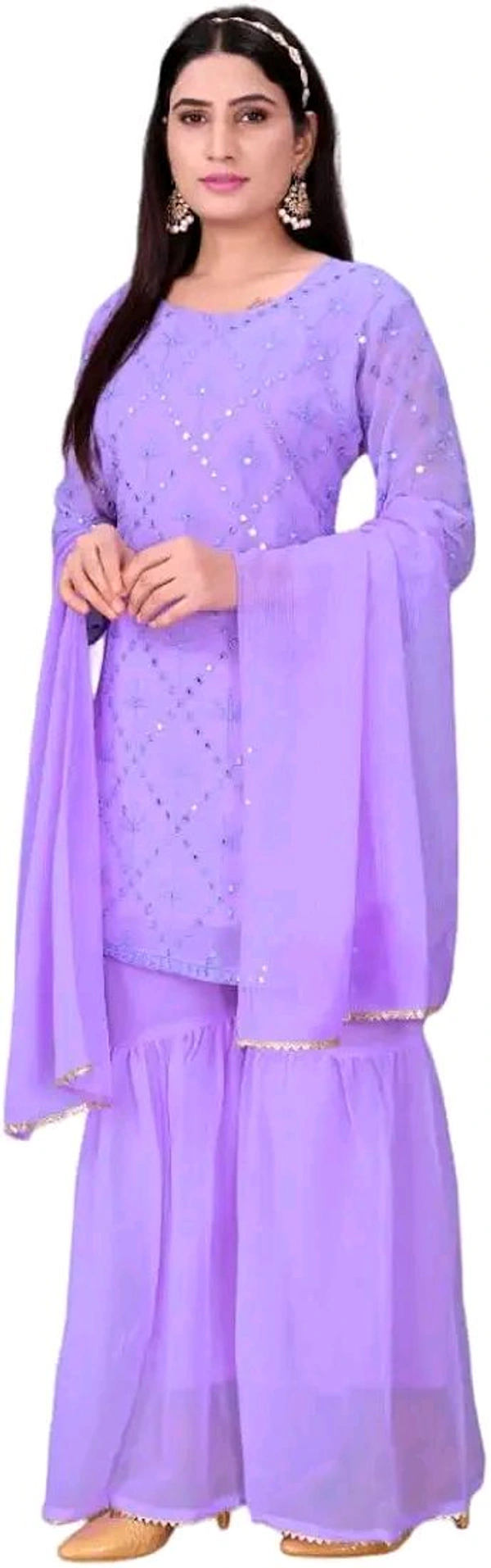 Women's Georgette Sequence Party Festival Wear Full Sleeve Latest Stitched Kurta Sharara and Duppata Set - LAVANDER, M
