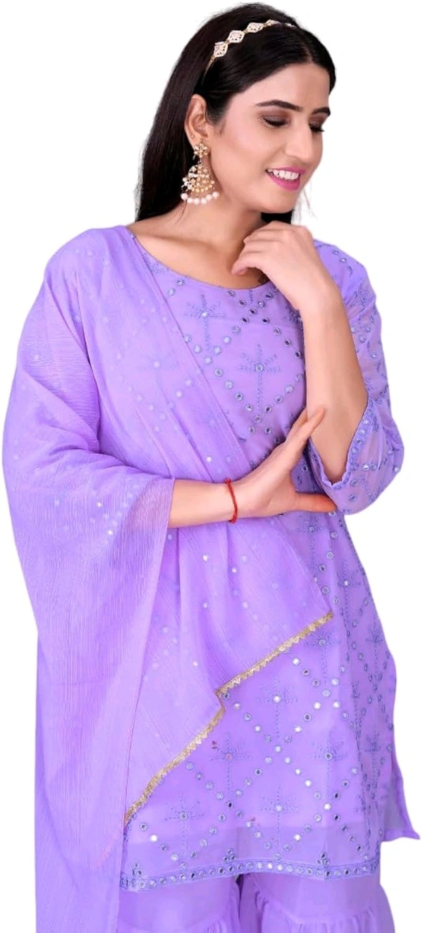 Women's Georgette Sequence Party Festival Wear Full Sleeve Latest Stitched Kurta Sharara and Duppata Set - LAVANDER, M