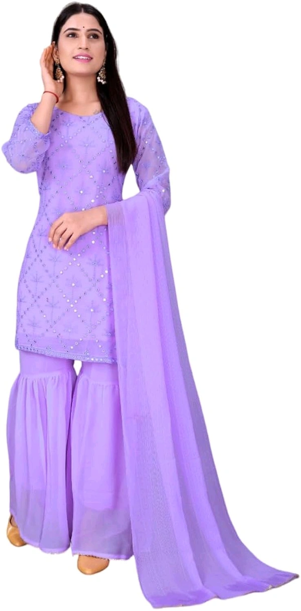 Women's Georgette Sequence Party Festival Wear Full Sleeve Latest Stitched Kurta Sharara and Duppata Set - LAVANDER, 2XL