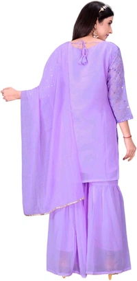 Women's Georgette Sequence Party Festival Wear Full Sleeve Latest Stitched Kurta Sharara and Duppata Set - LAVANDER, 4XL