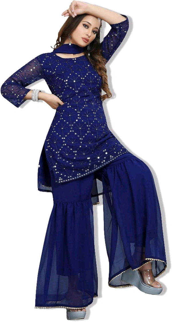 Women's Georgette Sequence Party Festival Wear Full Sleeve Latest Stitched Kurta Sharara and Duppata Set - NEVY BLUE, M