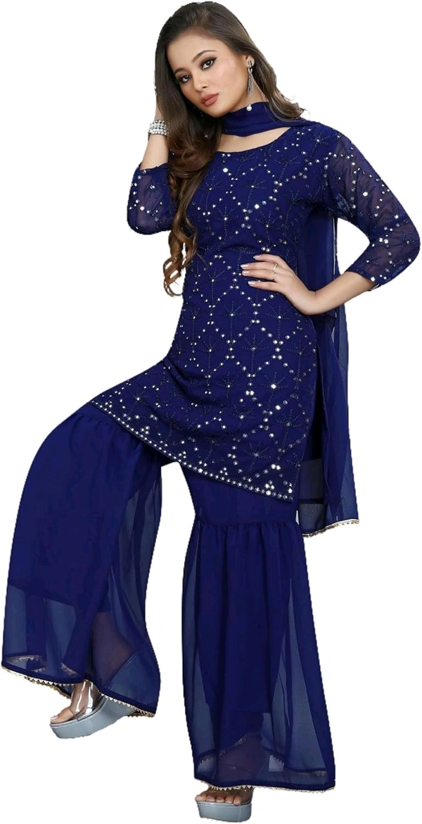 Women's Georgette Sequence Party Festival Wear Full Sleeve Latest Stitched Kurta Sharara and Duppata Set - NEVY BLUE, M