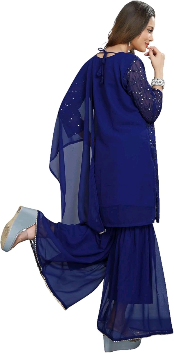 Women's Georgette Sequence Party Festival Wear Full Sleeve Latest Stitched Kurta Sharara and Duppata Set - NEVY BLUE, S