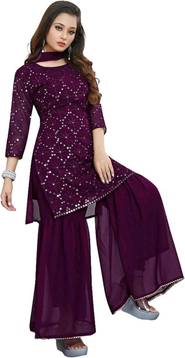 Women's Georgette Sequence Party Festival Wear Full Sleeve Latest Stitched Kurta Sharara and Duppata Set - purple, M