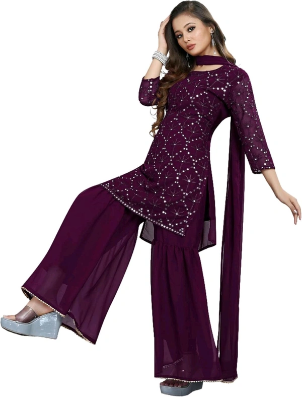 Women's Georgette Sequence Party Festival Wear Full Sleeve Latest Stitched Kurta Sharara and Duppata Set - purple, M
