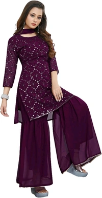 Women's Georgette Sequence Party Festival Wear Full Sleeve Latest Stitched Kurta Sharara and Duppata Set - purple, XXL