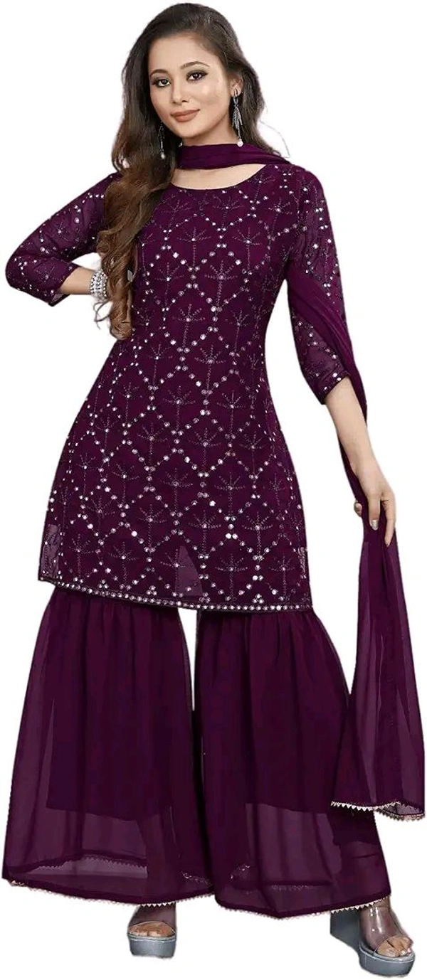 Women's Georgette Sequence Party Festival Wear Full Sleeve Latest Stitched Kurta Sharara and Duppata Set - purple, 3XL