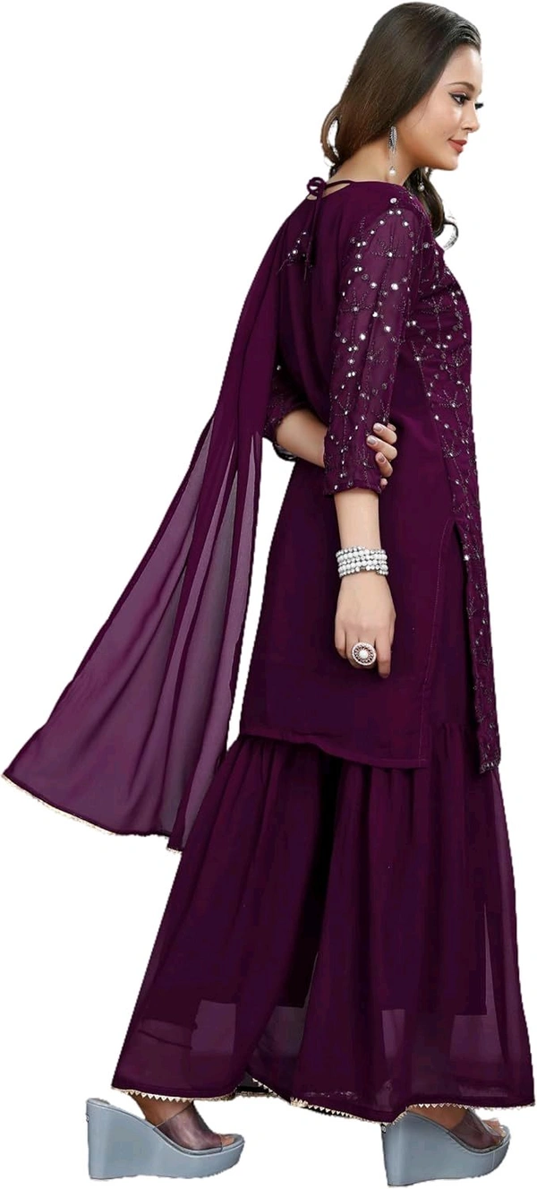 Women's Georgette Sequence Party Festival Wear Full Sleeve Latest Stitched Kurta Sharara and Duppata Set - purple, 3XL