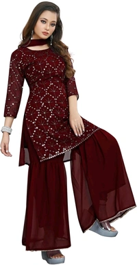 Women's Georgette Sequence Party Festival Wear Full Sleeve Latest Stitched Kurta Sharara and Duppata Set - Maroon, M