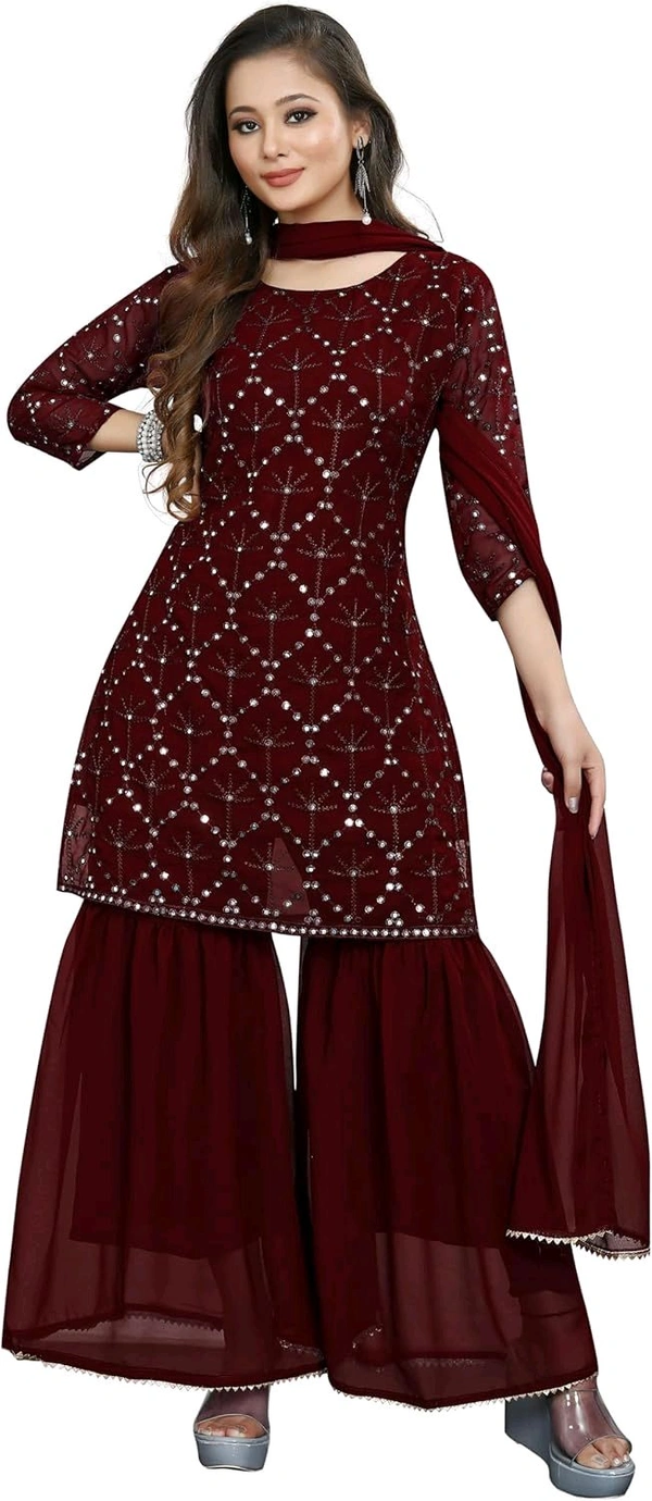 Women's Georgette Sequence Party Festival Wear Full Sleeve Latest Stitched Kurta Sharara and Duppata Set - Maroon, XL