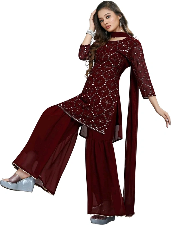 Women's Georgette Sequence Party Festival Wear Full Sleeve Latest Stitched Kurta Sharara and Duppata Set - Maroon, XL