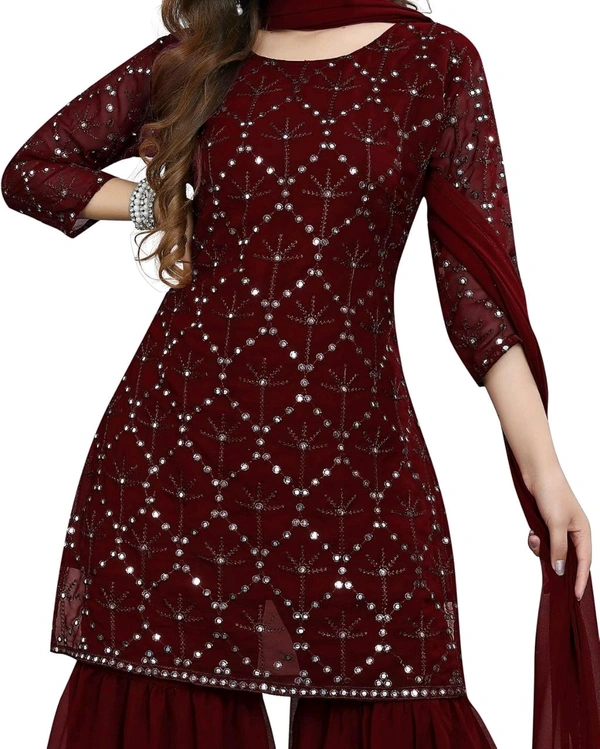 Women's Georgette Sequence Party Festival Wear Full Sleeve Latest Stitched Kurta Sharara and Duppata Set - Maroon, XL