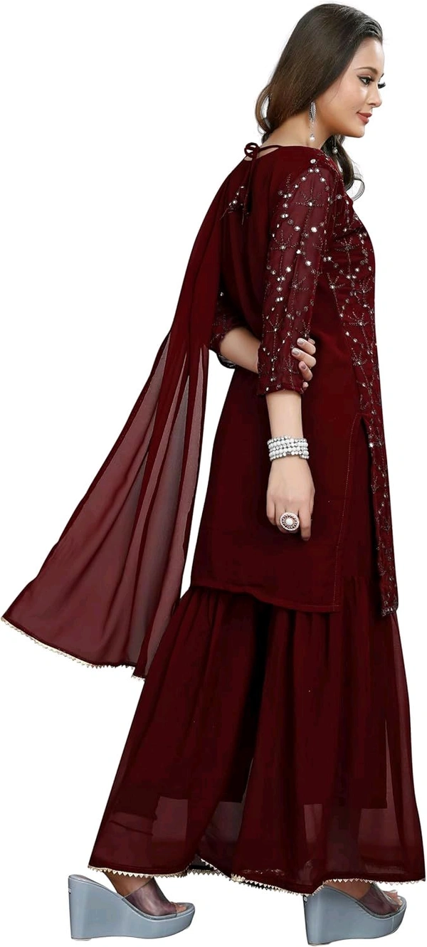 Women's Georgette Sequence Party Festival Wear Full Sleeve Latest Stitched Kurta Sharara and Duppata Set - Maroon, 2XL