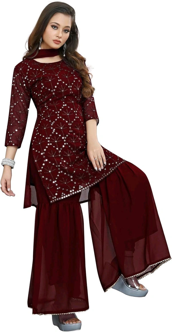 Women's Georgette Sequence Party Festival Wear Full Sleeve Latest Stitched Kurta Sharara and Duppata Set - Maroon, 3XL