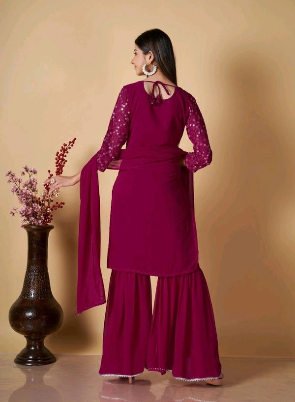 Women's Georgette Sequence Party Festival Wear Full Sleeve Latest Stitched Kurta Sharara and Duppata Set - Siren, L