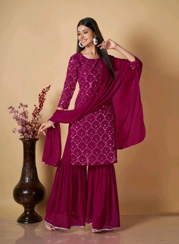 Women's Georgette Sequence Party Festival Wear Full Sleeve Latest Stitched Kurta Sharara and Duppata Set - Siren, L