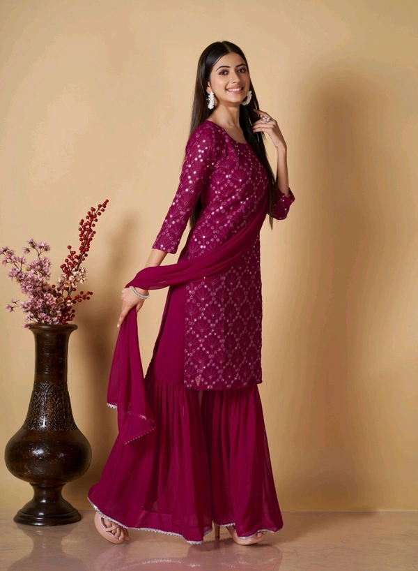 Women's Georgette Sequence Party Festival Wear Full Sleeve Latest Stitched Kurta Sharara and Duppata Set - Siren, XXL