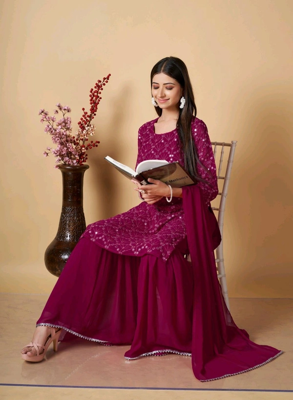 Women's Georgette Sequence Party Festival Wear Full Sleeve Latest Stitched Kurta Sharara and Duppata Set - Siren, XXL