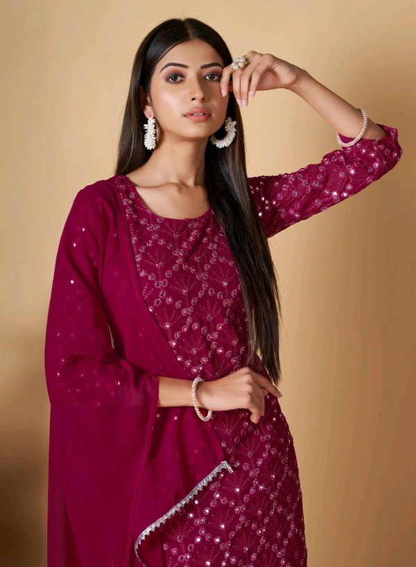 Women's Georgette Sequence Party Festival Wear Full Sleeve Latest Stitched Kurta Sharara and Duppata Set - Siren, XXL