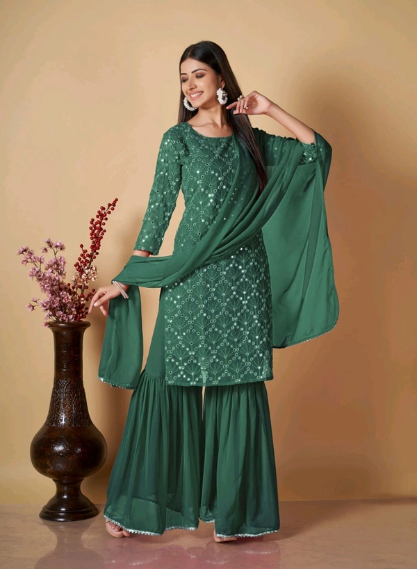 Women's Georgette Sequence Party Festival Wear Full Sleeve Latest Stitched Kurta Sharara and Duppata Set - Viridian, S