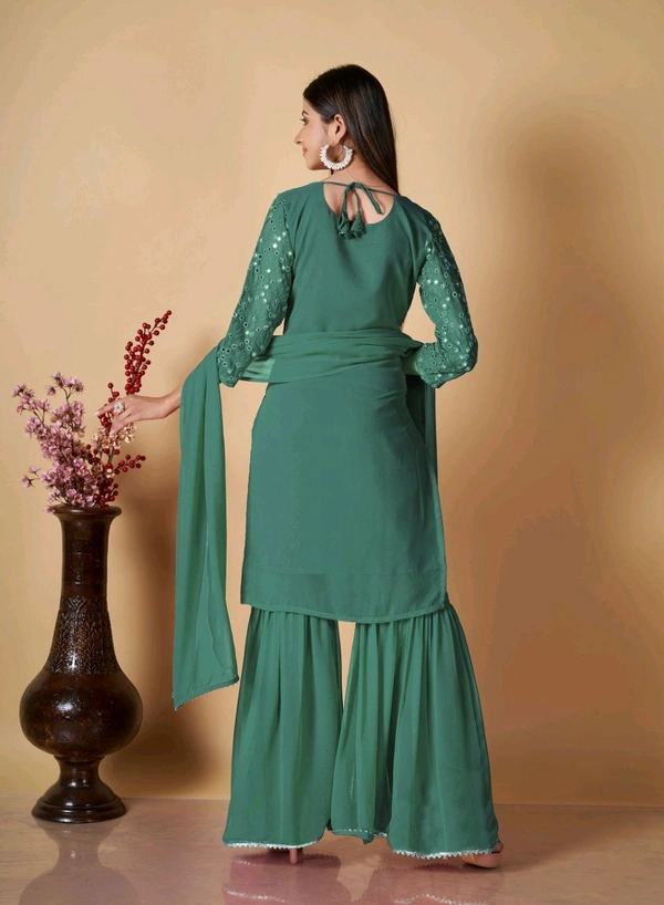 Women's Georgette Sequence Party Festival Wear Full Sleeve Latest Stitched Kurta Sharara and Duppata Set - Viridian, S