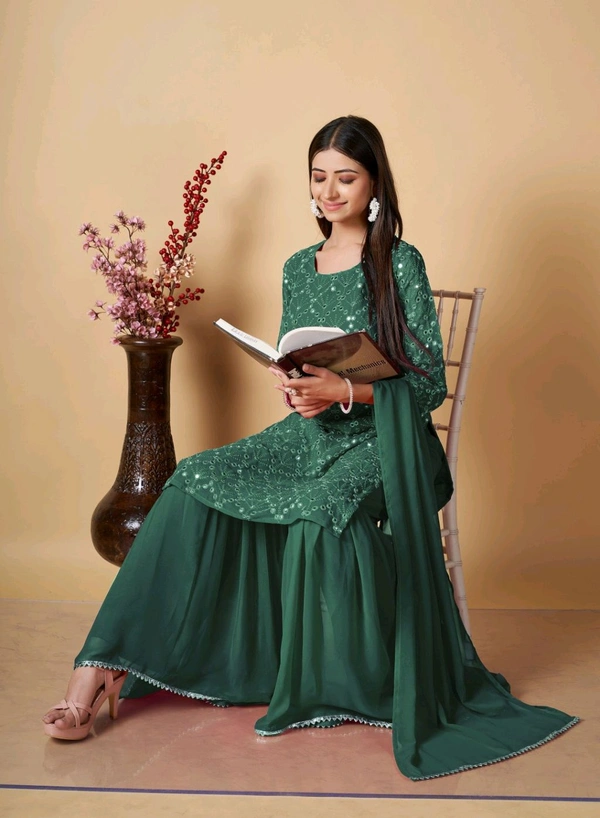Women's Georgette Sequence Party Festival Wear Full Sleeve Latest Stitched Kurta Sharara and Duppata Set - Viridian, S
