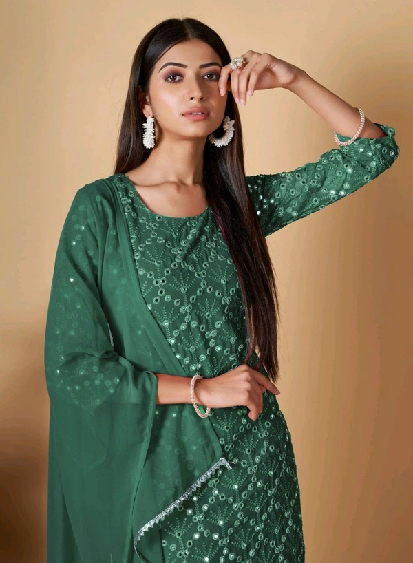 Women's Georgette Sequence Party Festival Wear Full Sleeve Latest Stitched Kurta Sharara and Duppata Set - Viridian, XL