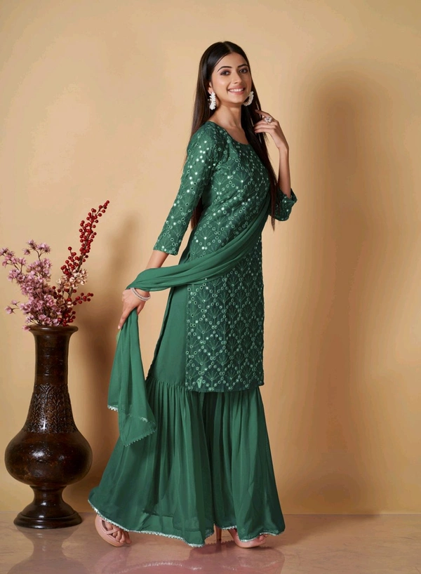 Women's Georgette Sequence Party Festival Wear Full Sleeve Latest Stitched Kurta Sharara and Duppata Set - Viridian, 3XL