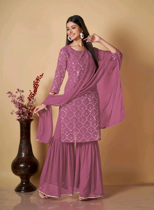 Women's Georgette Sequence Party Festival Wear Full Sleeve Latest Stitched Kurta Sharara and Duppata Set - Cadillac, XL