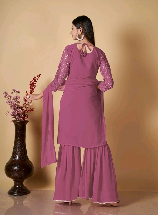 Women's Georgette Sequence Party Festival Wear Full Sleeve Latest Stitched Kurta Sharara and Duppata Set - Cadillac, XL