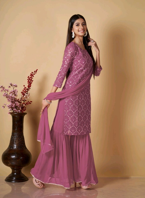Women's Georgette Sequence Party Festival Wear Full Sleeve Latest Stitched Kurta Sharara and Duppata Set - Cadillac, XL