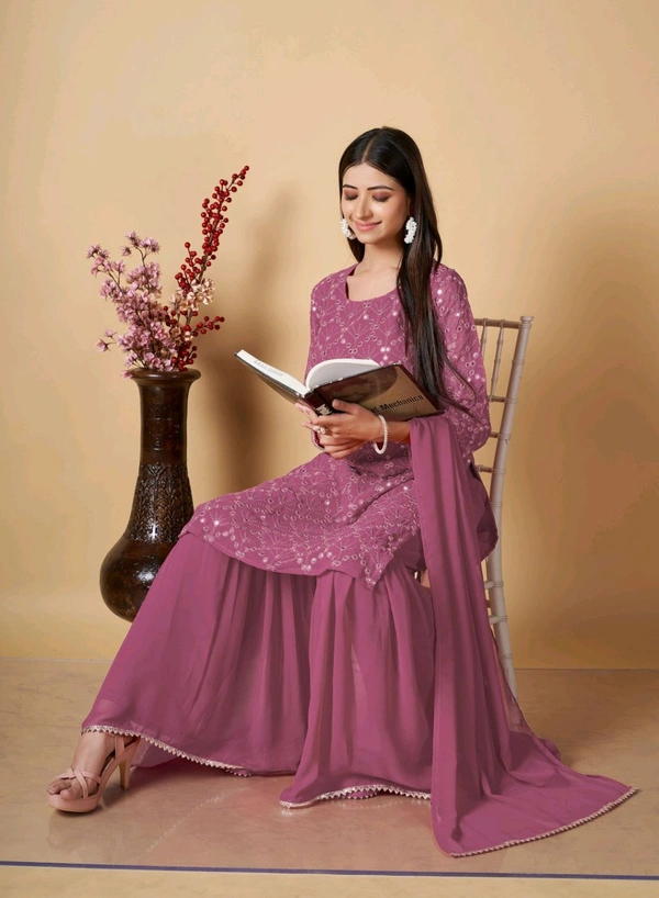 Women's Georgette Sequence Party Festival Wear Full Sleeve Latest Stitched Kurta Sharara and Duppata Set - Cadillac, XL