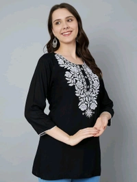 Kurti for Women Short Chikankari Kurtis for Girls Lakhnawi Top Kurta Design for Ladies Woman Straight Embroidery for Office (Short Flower Kurti) - Black, L