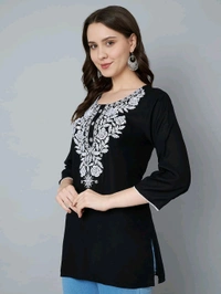 Kurti for Women Short Chikankari Kurtis for Girls Lakhnawi Top Kurta Design for Ladies Woman Straight Embroidery for Office (Short Flower Kurti) - Black, L