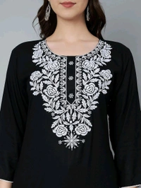 Kurti for Women Short Chikankari Kurtis for Girls Lakhnawi Top Kurta Design for Ladies Woman Straight Embroidery for Office (Short Flower Kurti) - Black, L