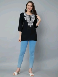 Kurti for Women Short Chikankari Kurtis for Girls Lakhnawi Top Kurta Design for Ladies Woman Straight Embroidery for Office (Short Flower Kurti) - Black, L
