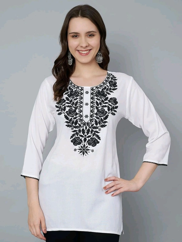 Kurti for Women Short Chikankari Kurtis for Girls Lakhnawi Top Kurta Design for Ladies Woman Straight Embroidery for Office (Short Flower Kurti) - White, L