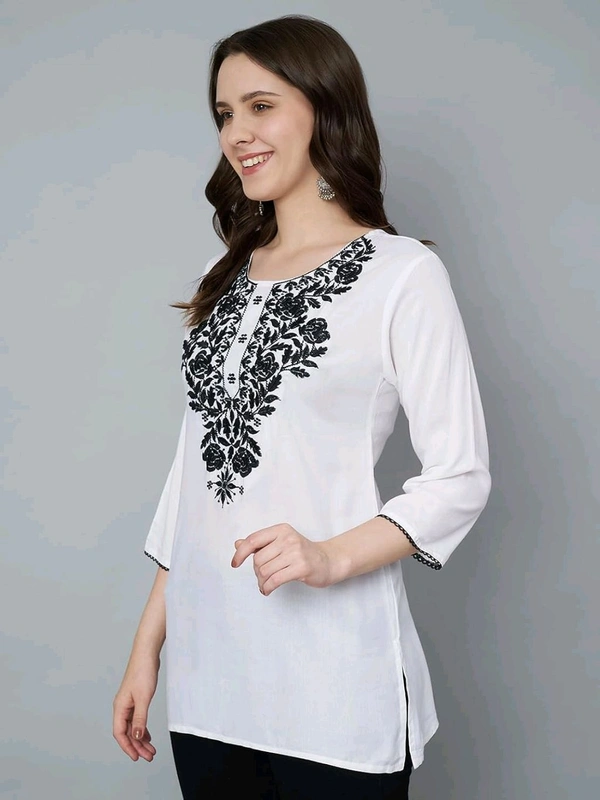 Kurti for Women Short Chikankari Kurtis for Girls Lakhnawi Top Kurta Design for Ladies Woman Straight Embroidery for Office (Short Flower Kurti) - White, L